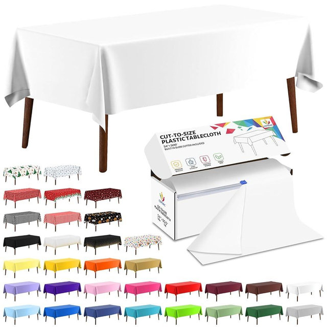 CXPSINC 54 Inch X 300 Feet Plastic Table Cover Roll Disposable Tablecloth with Slide Cutter for All Type/Shape Tables | Party, Banquet, Birthdays, Weddings(White, 300 Feet)