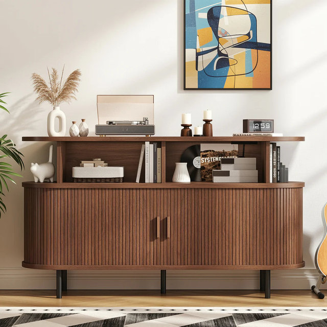Record Player Stand with Charging Station, Turntable Stand with Vinyl Record Storage and Sliding Doors