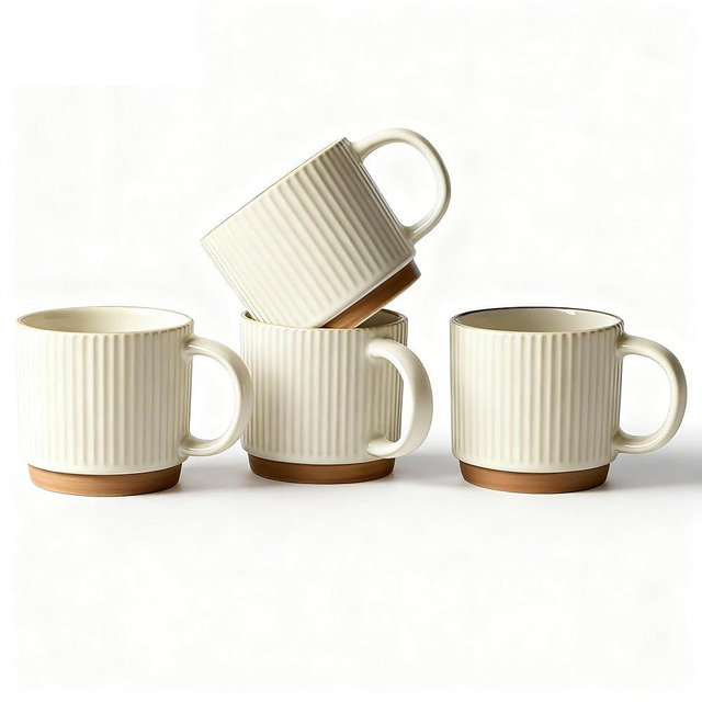 COIKZLY 10OZ Small Stackable Coffee Mugs, Ceramic Coffee Mugs with Stripe Patterns for Man,Woman,Dad,Mom, Modern Coffee Mugs Set of 4 for Latte/Cappuccino/Cocoa/Tea. Dishwasher&Microwave Safe, Beige