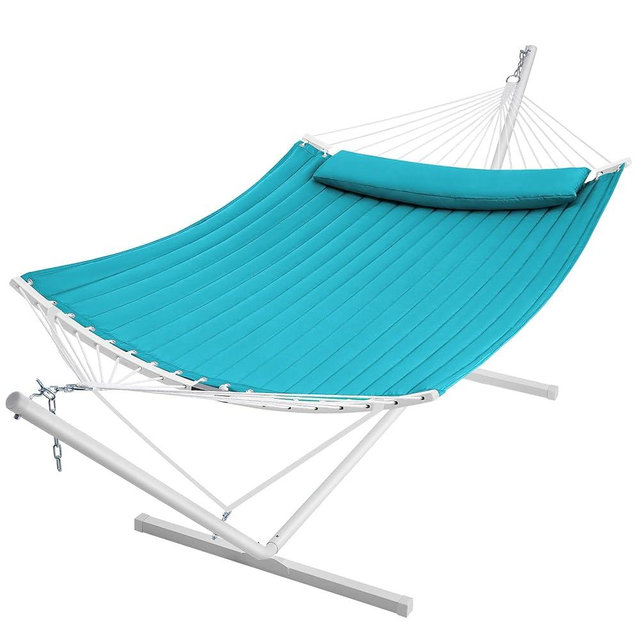 SUPERJARE Hammock with Stand, 2 Person Heavy Duty Hammock with Padded Cotton, Detachable Pillow & Strong Curved-Bar & Portable Carrying Bag, Perfect for Outdoor & Indoor, Sky Blue