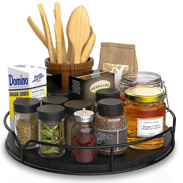 Lazy Susan Turntable Organizer with Anti-Slip Mat for Cabinet Pantry Kitchen Countertop Refrigerator Office, Pine Wood, 10", Black