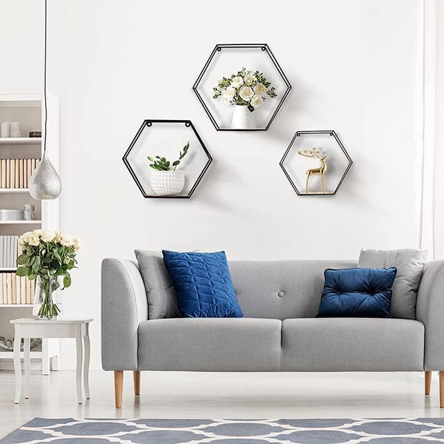 Floating Shelf 3 Hexagonal Tier Wall Decor Mount Floating Display Shelves, for Bedroom Living Room Office, Modern Metal Frame Floating Shelves, Easy to Mount, Black