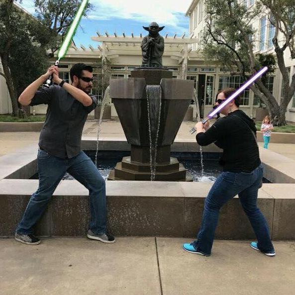 Epic lightsaber battle in front of the Yoda fountain in San Francisco. The force is strong with us!