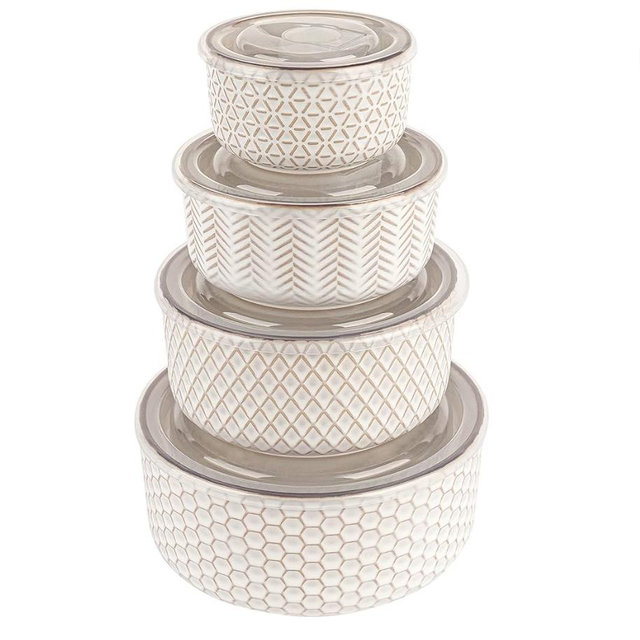 KooK Ceramic Nesting Bowls, with Lids, Embossed, Food Storage Containers, Kitchen Bowl Set, Prep, Mixing and Serving, Housewarming Gift, Microwave and Dishwasher Safe, Ivory, Set of 4, Narbonne