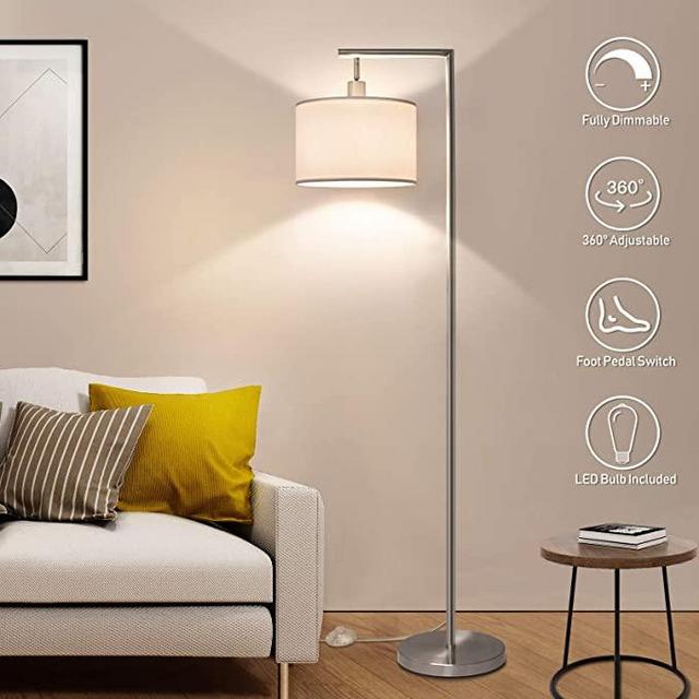 LED Floor Lamp, Boncoo Montage Modern Floor Lamp Fully Dimmable Standing Accent Lamp Tall Pole Light with Adjustable Lamp Head, Silver Reading Standing Light for Living Room Bedroom, 8W Bulb Included