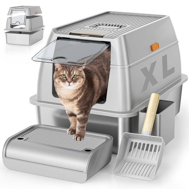 Stainless Steel Cat Litter Box with Lid, XL Extra Large Litter Box for Big Cats, Enclosed Removable Metal Litter Box with High Sided Enclosure & Scoop, Anti-Leakage, Non-Sticky, Easy Cleaning(Grey)
