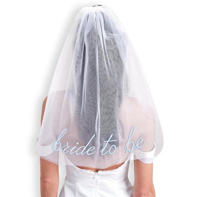 xo, Fetti Blue Embroidered Bride to Be White Veil | Bachelorette Hair Accessory, Bridal Shower Headband, Rehearsal Dinner Decorations, Engagement Gift
