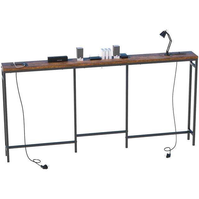 DDJ Narrow Console Table with Power Outlets, 7.8"D × 70.8"W× 32.6"H Narrow Entryway Table, Industrial Sofa Table, Long Behind Couch Table, Skinny Hallway Table for Front Door, Living Room Rustic Brown