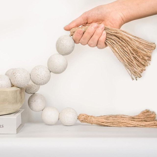 RUIRUICO Extra Large Wood Bead Garland with 1.6" Diameter Wooden Beads and Tassels, Decorative Beads Home Decor, Farmhouse Beads Decor (Rustic White, 41 Inches)