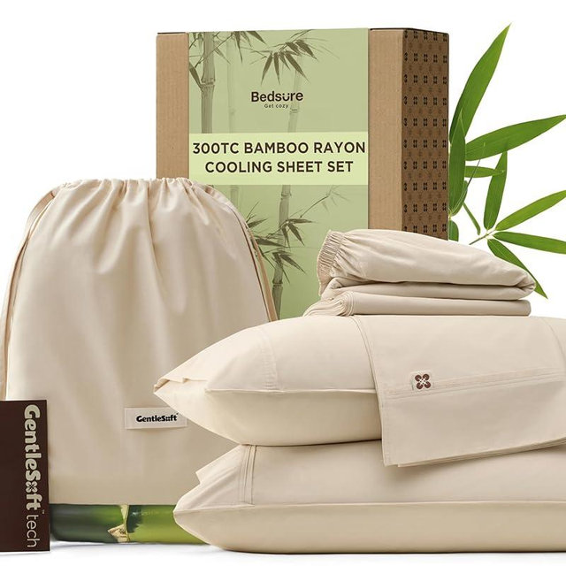 Bedsure Cooling Sheets, Rayon Derived from Bamboo & Cotton Blend, GentleSoft, Breathable, King Size Sheets Set, Deep Pocket Up to 18 Inches, Hotel Luxury Bedding for Hot Sleepers, Beige