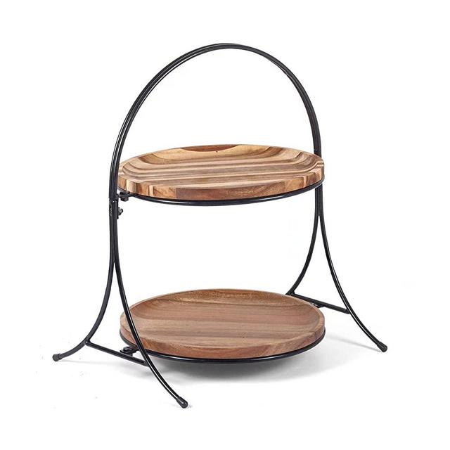 ZESPROKA 2 Tiered Tray - Wood Serving Stand with Metal Handle for Kitchen Island, Countertop, Coffee Table, Home Decor - Easy to Assemble Wooden Serving Tray for Desserts, Fruits, Appetizers, Snacks