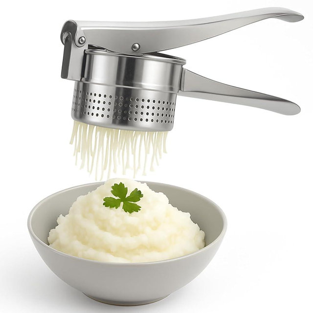 Stainless Steel Potato Ricer and Masher – Heavy Duty Manual Press for Smooth Mashed Potatoes, Baby Food, Vegetables, Garlic – Ergonomic Non-Slip Handle Kitchen Tool for Cooking Prep