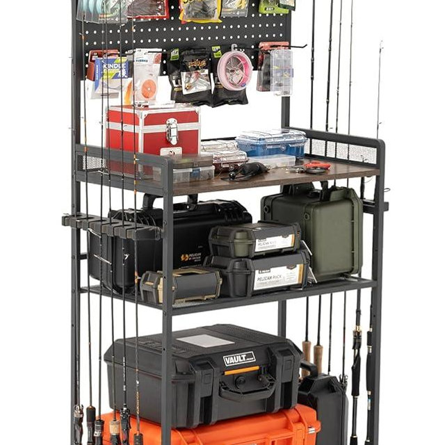SOYEEZE Fishing Rod Holders for Garage,Fishing Gear Holder for Fishing Rod Tackle Box Storage，Fishing Pole Holders for 12 Rods with Hooks and Pegboard,Fishing Cart with Reel Rack