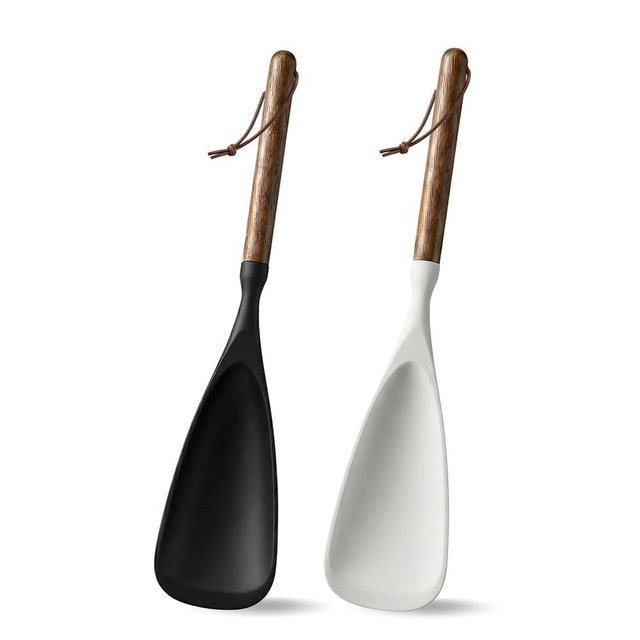 Silicone Spatula Cooking Spoon 2 Pcs with Wood Handle Great for Cooking and Serving Sturdy BPA-Free Matte Silicone Suitable for Mixing and Scrape (Black&White)