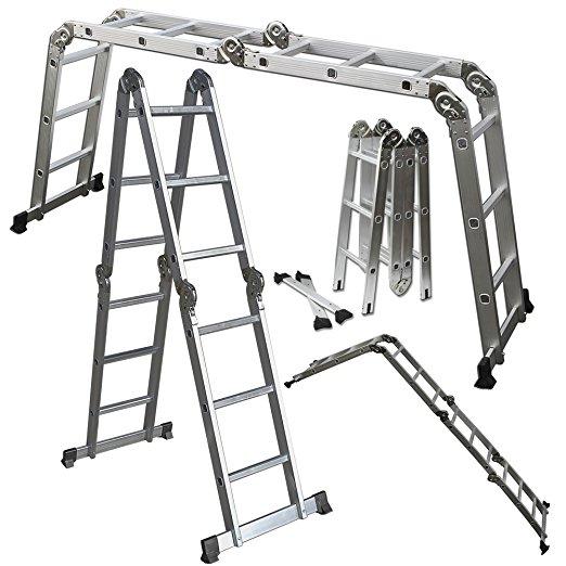 OxGord Aluminum Folding Scaffold Work Ladder 11.5 ft Multi-Fold Step Light Weight Multi-Purpose extension - 350 LB Capacity