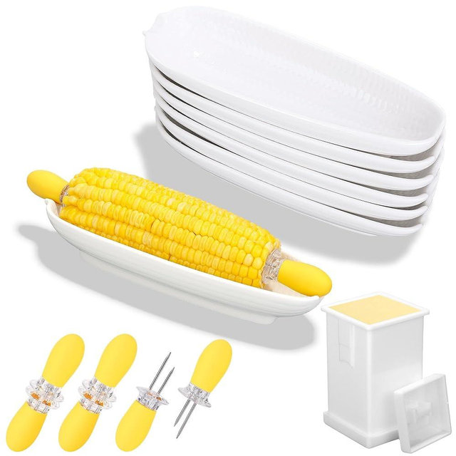 Kochorie Ceramic Corn Dishes Corn Holders Set Includes 6 Corn Trays 6 Stainless Steel Corn Holders and Butter Spreader for Home Cooking Parties Skewers BBQ Camping Microwave Dishwasher Oven Safe
