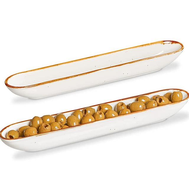 ONEMORE Olive Tray, 12 inch Ceramic Olive Plate, Speckled Olive Boat Tray Olive Canoe Set of 2, Creamy White