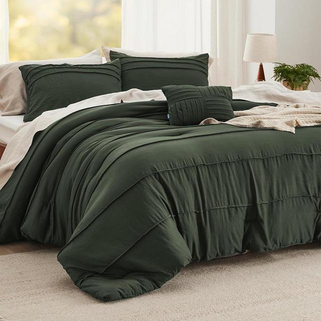 Bedsure Olive Green Queen Comforter Set - 4 Pieces Pinch Pleat Bed Set, Down Alternative Bedding Sets for All Season, 1 Comforter, 2 Pillowcases, 1 Decorative Pillow
