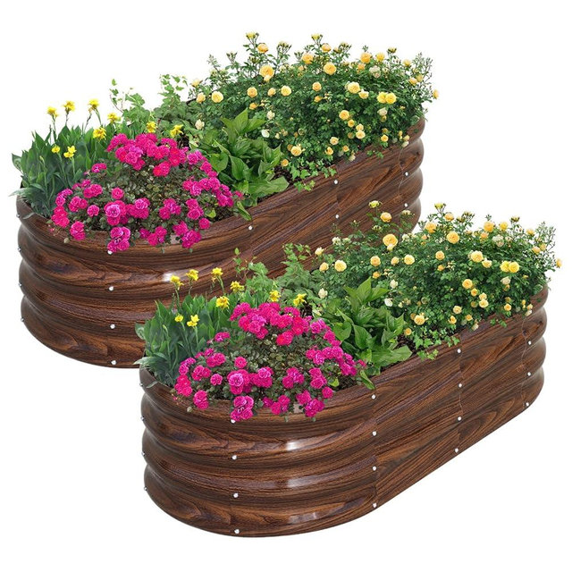 SnugNiture Galvanized Raised Garden Bed Outdoor, 2 Pcs 4x2x1ft Oval Metal Planter Box for Planting Plants Vegetables, Brown