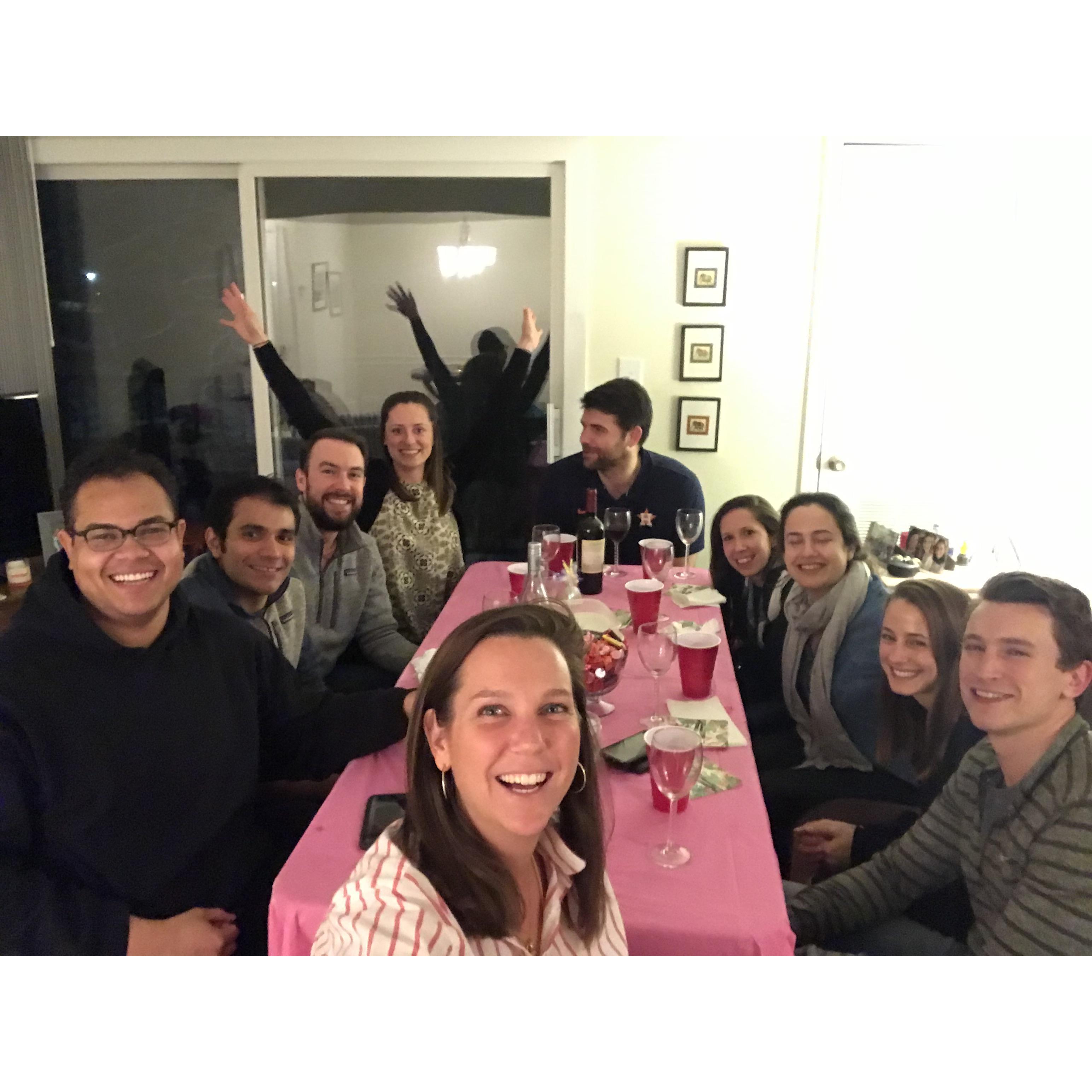Another early date - Darden Dinner Party. Asked Ryan to come early to help. Told him the roast chicken was all set - only to have him tell me it was in the pan upside down and still raw on the inside