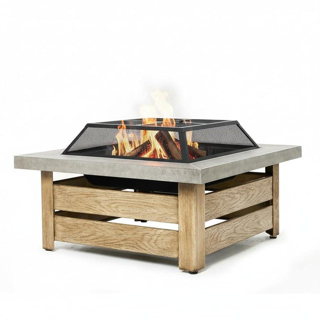WILDMOS Firepits for Outside，Wood Burning Fire Pit with Wood-Grain Side Panels,Firepit for Outside with Mesh Cover & Fire Poker,Square Modern Outdoor Fireplace Fire Table. (Countryside)