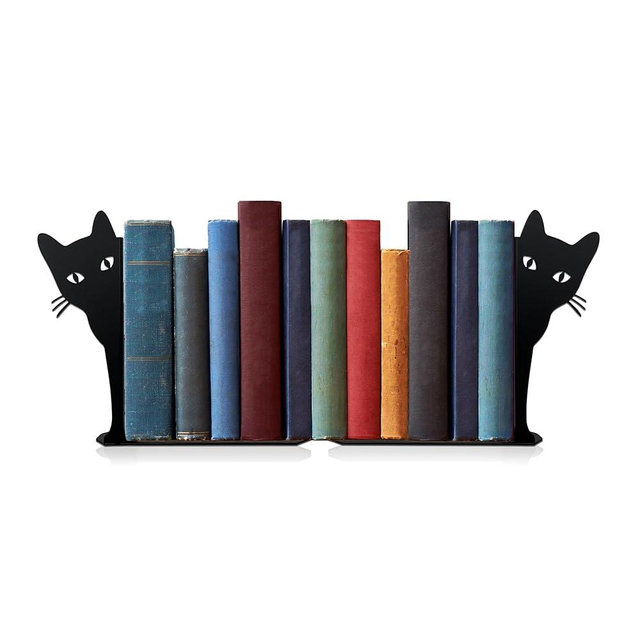 Peeping Cat Metal Bookends Cute Cat Book Ends for Shelves Bookshelf Decorative Objects Home Office Desk Bookshelf Decor Cat Lover Gifts for Women (Black)