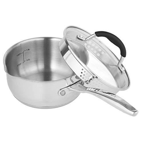 AVACRAFT Stainless Steel Saucepan with Glass Lid, Strainer Lid, Two Side Spouts for Easy Pour with Ergonomic Handle, Multipurpose Sauce Pan with Lid, Sauce Pot (Tri-Ply Capsule Bottom, 1.5 Quart)