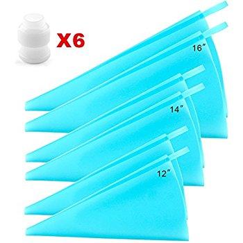 Silicone Pastry Bags, Weetiee 3 Sizes Reusable Icing Piping Bags Baking Cookie Cake Decorating Bags with Bonus 6 Icing Couplers (12’’+14’’+16’’)- 6 Pack