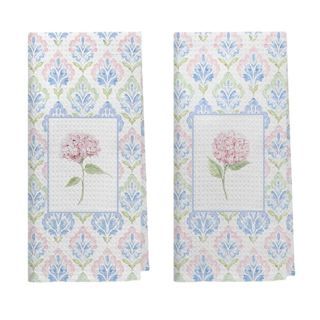 Kemingni Pink and Blue Grandmillennial Hydrangea Kitchen Dish Towels, Pastel Pink Hydrangea Flower Decorative Hand Towels for Bathroom Kitchen, Preppy Floral Bathroom Decor, 16x24 Inch Set of 2