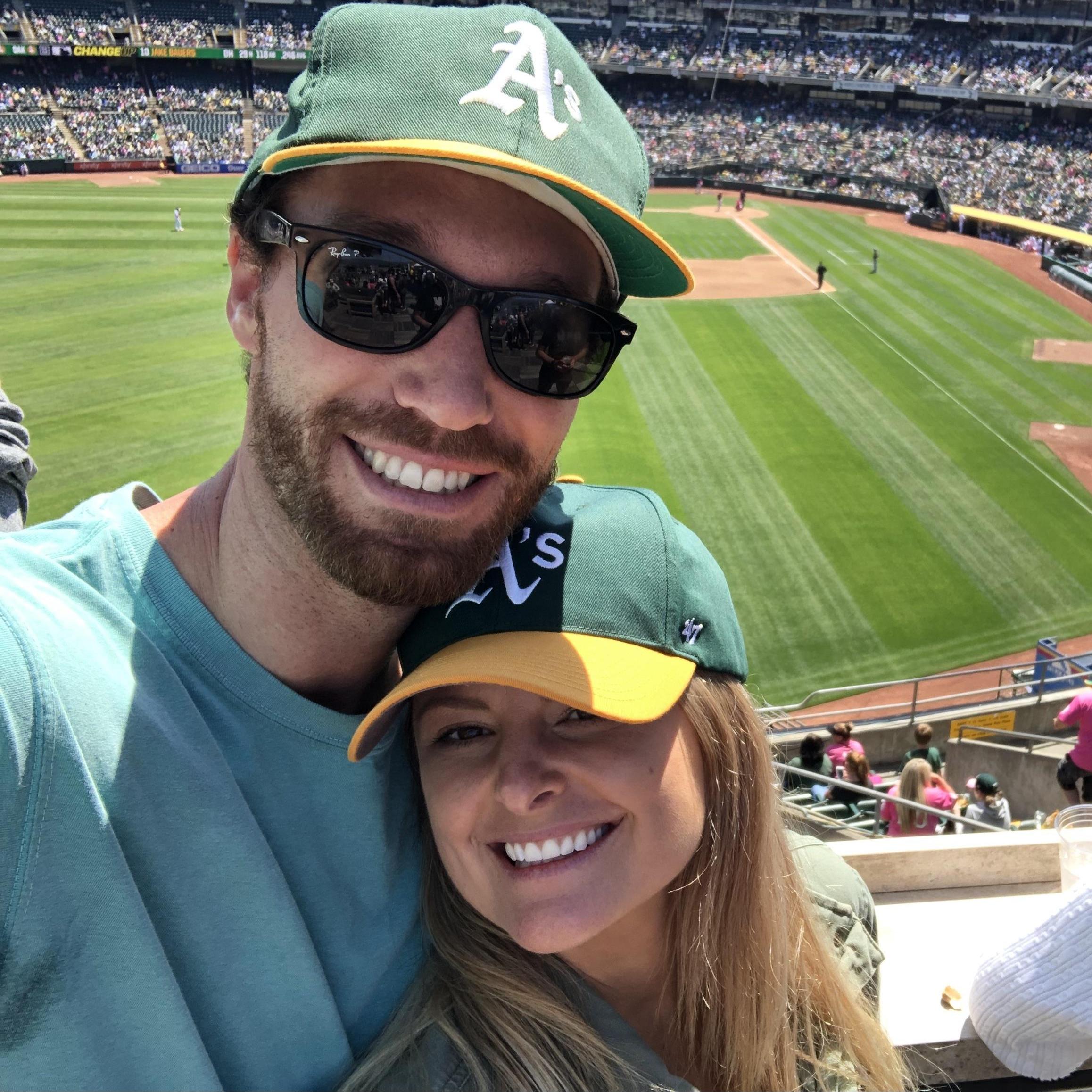 Having fun at the A's game in Oakland, CA