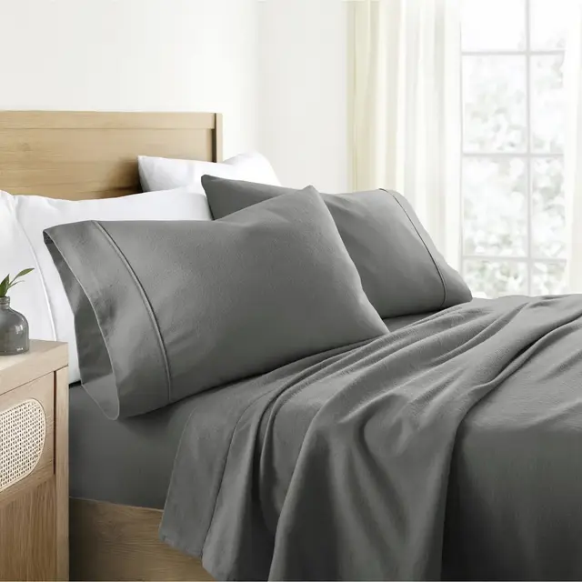 100% Cotton Flannel 4PC Sheet Set Super Soft - Becky Cameron, Solid Gray, King