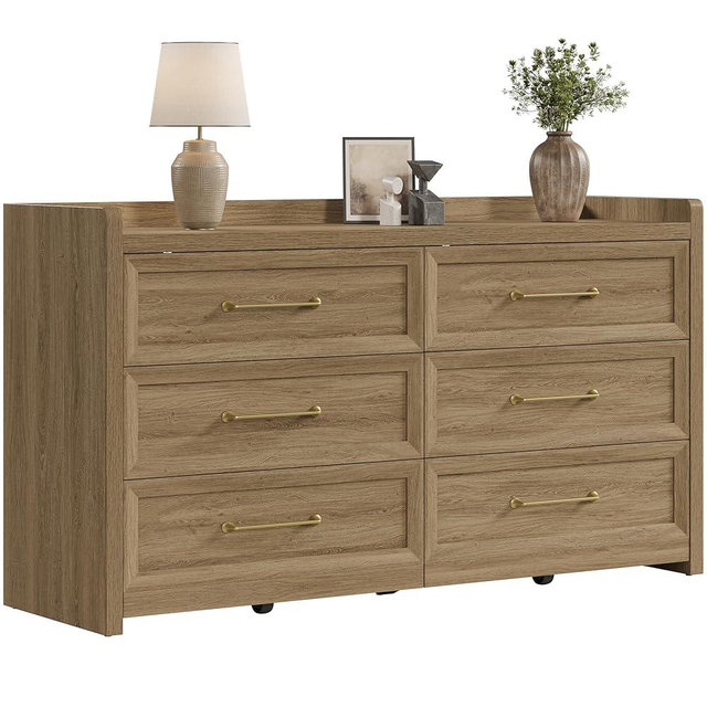SICOTAS 6 Drawer Dresser for Bedroom - 56.4" Wide Wooden Chest of Drawers, Long Nursery Dresser TV Stand with Drawers, Modern Large Clothes Storage Dressers for Closet Living Room Hallway, Brown Oak