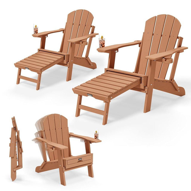 VINGLI Back-Adjustable Plastic Folding Adirondack Chairs Set of 2 with Retractable Footrest & 2-in-1 Cup Holders, Waterproof HDPE Outdoor Fire Pit Chairs for Patio, Pool, Capacity 400 LBS, Teak