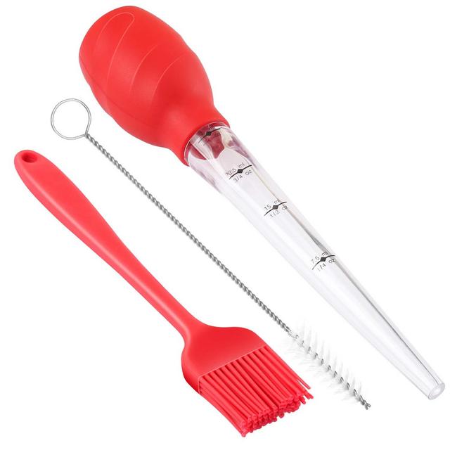 Silicone Blub Turkey Baster Syringe, Large Meat Baster Andinor Cleansing Brush Meat Poultry Barbecue Baster Brush Red