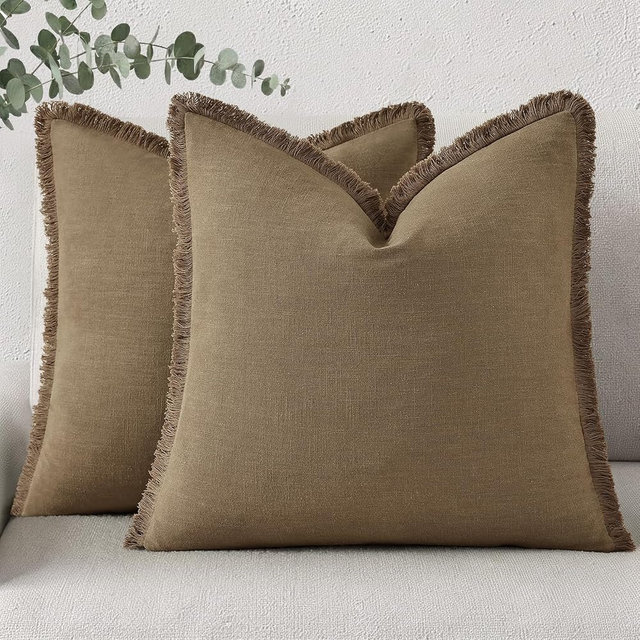 decorUhome Summer Decorative Neutral Linen Fringe Throw Pillow Covers Set of 2 Light Brown Pillow Covers with Tassels Soft Farmhouse Boho Accent Pillow Cases for Couch Bed Sofa 18x18 Inch