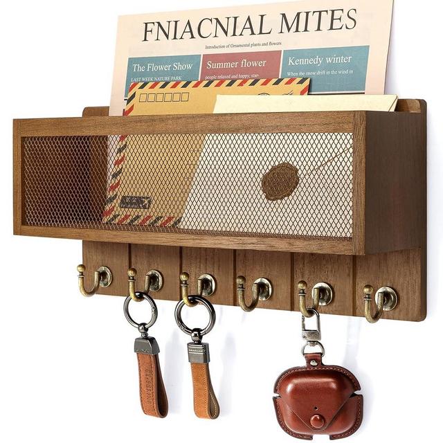 Rebee Vision Key Holder Wall Mount with Mesh Mail Basket – Mail Organizer for Wall Decor with 6 Key Hooks for Entryway, Kitchen – Functional Home Decor & Space-Saving Wooden Organizer (Golden Hook)