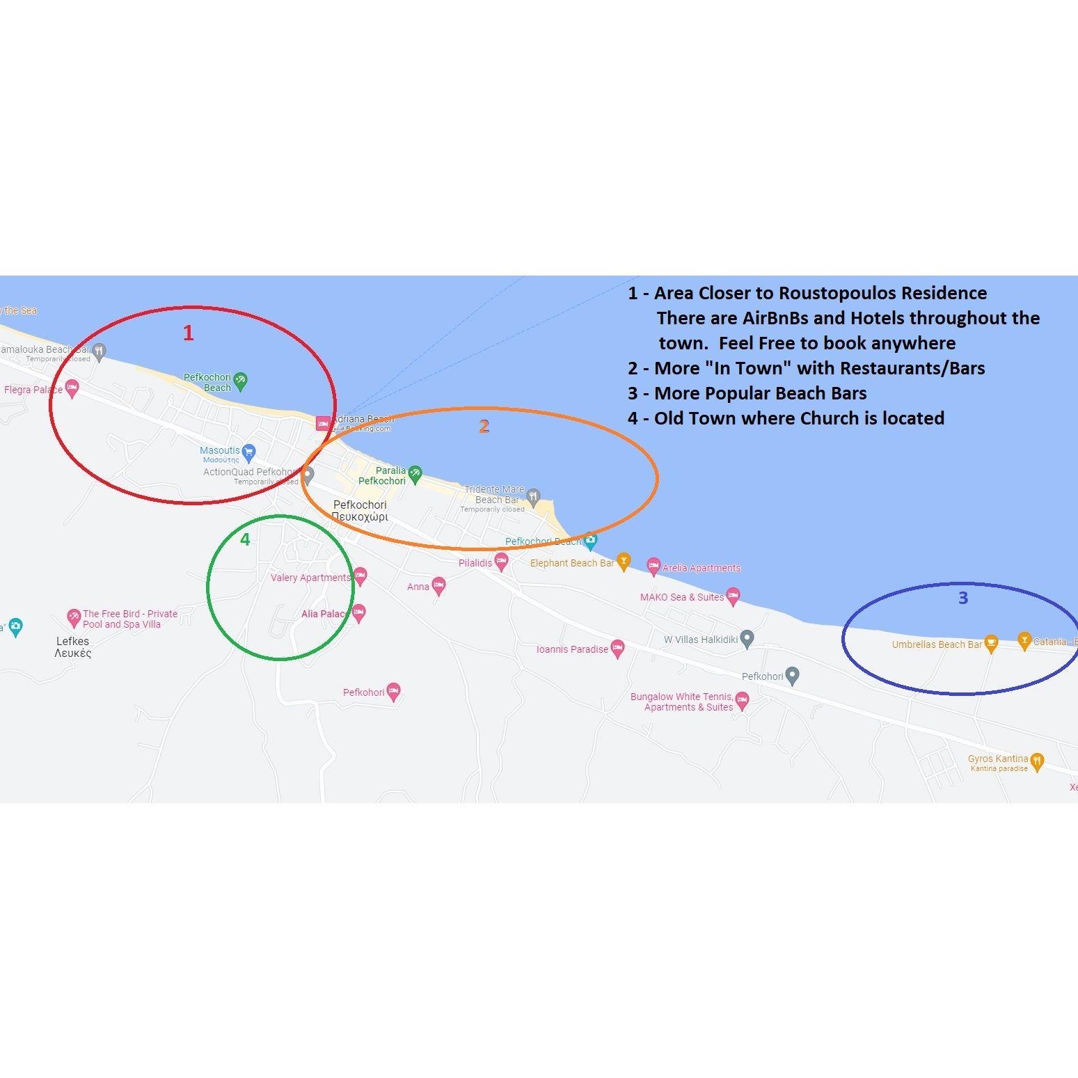 Map of Pefkohori (From one end to the other along the coastline is about 3 miles)