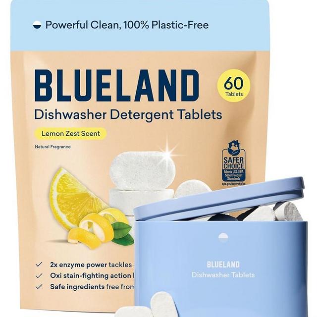 BLUELAND 100% Plastic-Free Dishwasher Detergent Tablets, Starter Set, 60 Count with tin, Lemon Zest, Eco-Friendly Dishwashing Pods, Natural, USDA Certified biobased