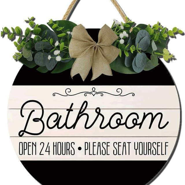 Hilonret Rustic Bathroom Open Sign, 12 Inch Round Wooden Sign with Black Letter (Bathroom)