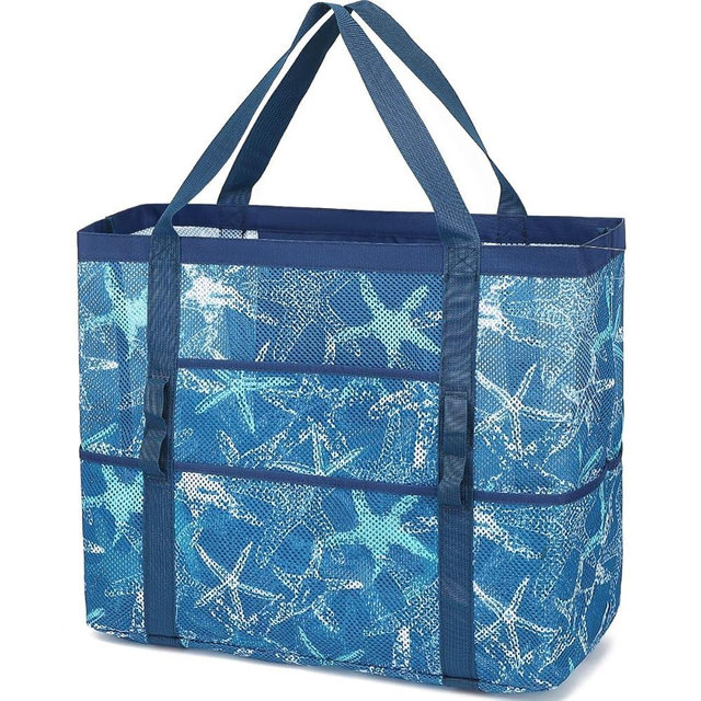 Fammart Mesh Beach Bag, Large Beach Tote with Zipper Pocket, Toys Pool Bag for Family Travel Vacation Cruise Essentials