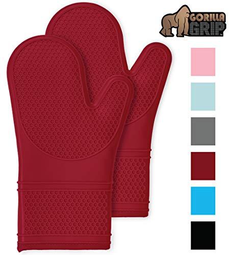 Gorilla Grip Premium Silicone Non Slip Oven Mitt Set, Soft Flexible Oven Gloves, Professional Heat Resistant Kitchen Cooking Mitts, Protect Hands from Hot Surfaces, Cookie Sheets, Red Pair, Set of 2