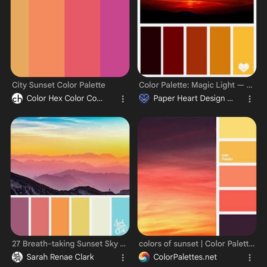 Here is one color palette! Think sunsets!!!!!