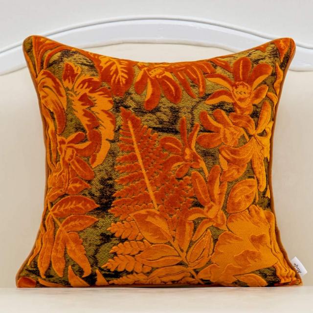 Alerfa 18 x 18 Inch Orange Square Maple Leaf Pillow Embroidery Cut Velvet Cushion Case Luxury Modern Lumbar Throw Pillow Cover Decorative Pillow for Couch Sofa Living Room Bedroom Car