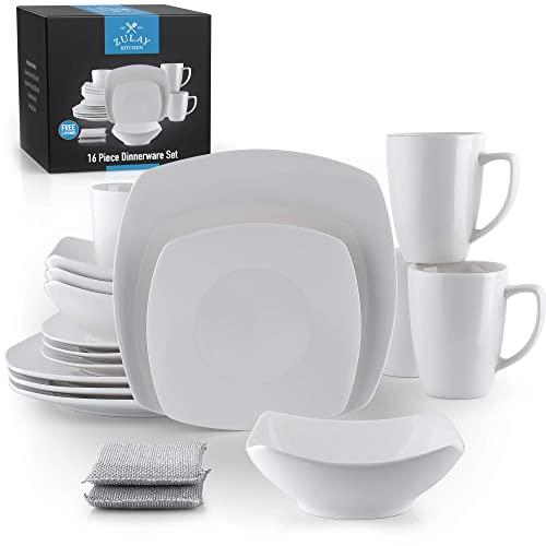 Zulay (16 Piece) Square Dinnerware Sets -Premium Quality Porcelain Plates Set & Dishes Set - Service For 4 Dishware Sets With 4 Plates, 4 Side Plate, 4 Soup Bowl, 4 Square Mug & 2 Silver Sponges