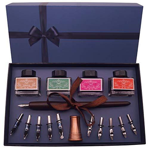 Plotube Calligraphy Pen Set – Includes Wooden Dip Pen, Antique Holder, 11 Nibs, 4 Ink Bottle