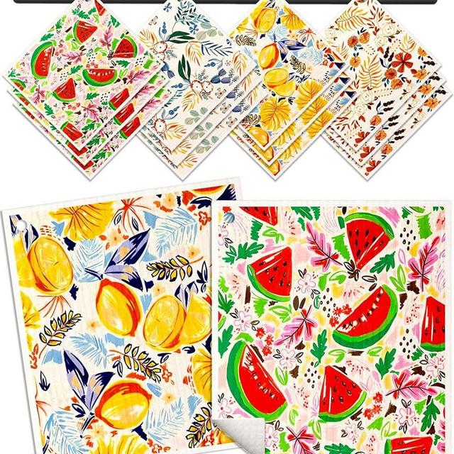 Miss Adola Kitchen Swedish Dishcloths 12 Pack Reusable Swedish Cloths for Washing Dishes Absorbent Fast Drying Cleaning Swedish Sponge Cute Pattern Decorate Washable Swedish Towels, Fruit Flower