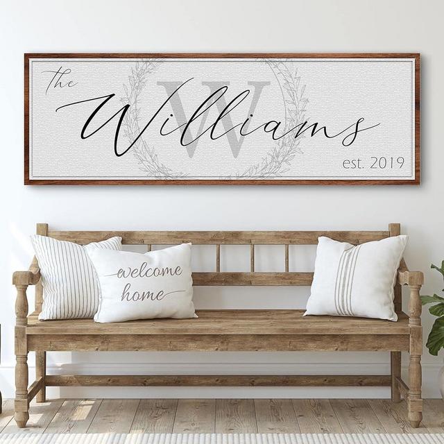 TAILORED CANVASES Personalized Family Sign - Last Name Signs For Home, Custom Wall Decor Canvas for Living Room, Fireplace, Kitchen, Porch, and Front Door - Monogram on White, Wooden Border, 36"x12"
