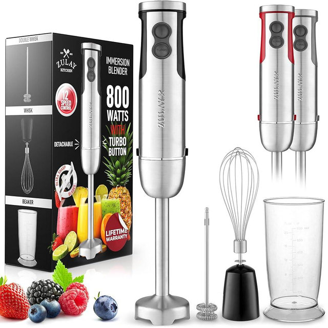 Zulay 4-in-1 Immersion Stick Mixer Hand Blender - 800 Watts, 12 Speeds, 5-ft Power Electric Cord, Handheld Portable, Stainless Steel Blades - With Whisk, Frother & Stick Blender Attachments - Black