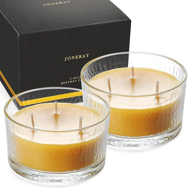 3-Wick Beeswax Candles in Glass Jar, Pure Natural Handmade Beeswax Candles, 4oz - 22-Hour Lasting Candles for Home (Pack of 2)