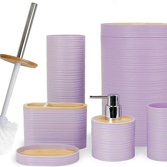 CERBIOR Bathroom Accessories Set 6 Piece Bamboo Bath Ensemble Includes Soap Dispenser, Toothbrush Holder, Toothbrush Cup, Soap Dish for Decorative Countertop and Housewarming Gift, Sriral Purple